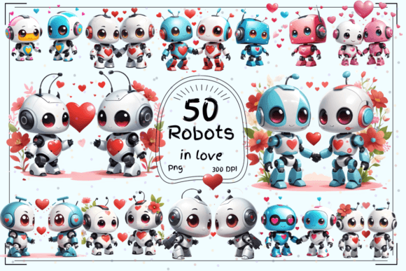 Robo Romance: 50 Cute Robots in Love Clipart