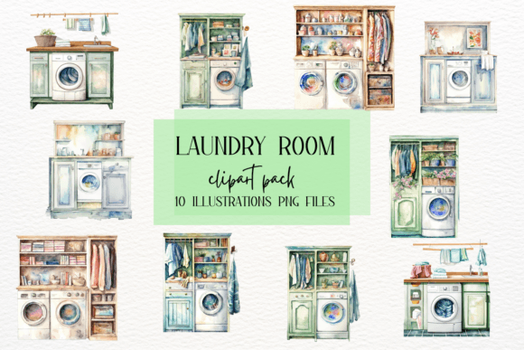 Watercolor Laundry Room Clipart: Vibrant Design Assets
